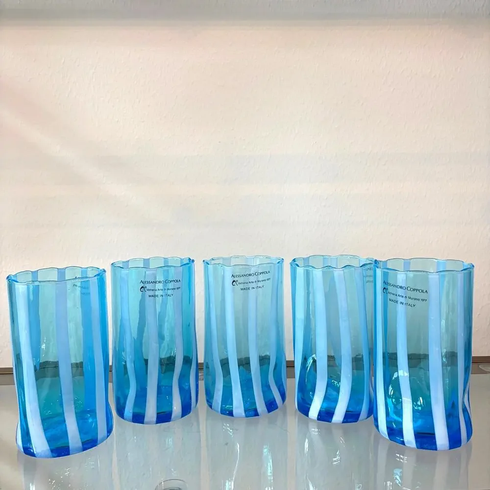 Alessandro Coppola Murano Italy Blue & White Art Glass Tumblers Set of 4 NEW
